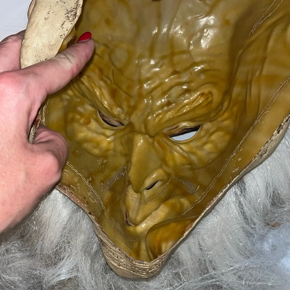 Vintage 2003 OLD MAN Mask WIZARD Full Head White Hair Beard Pointed Elf Ears VTG